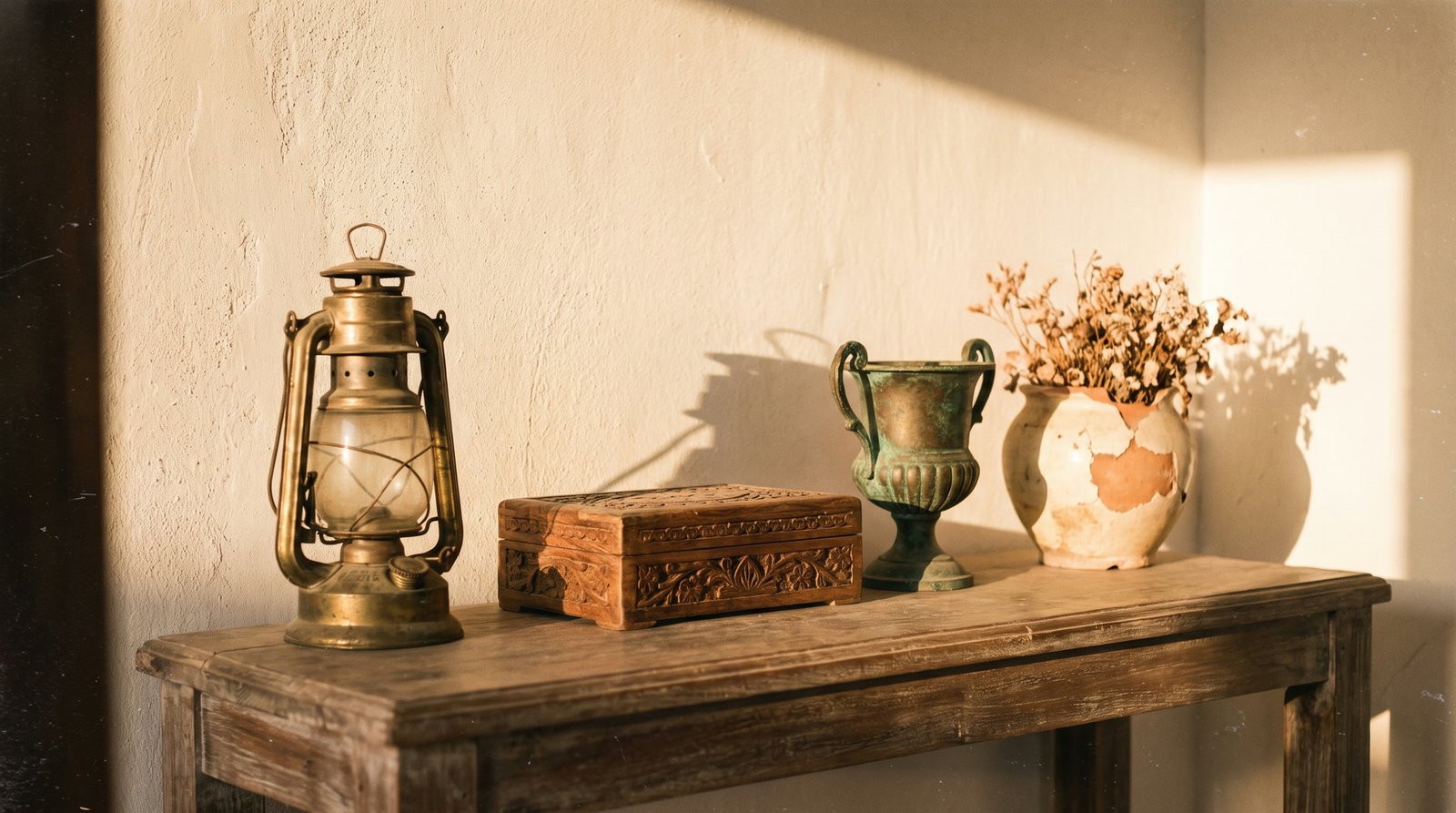 Antique style brass and wooden objects on a weathered console table